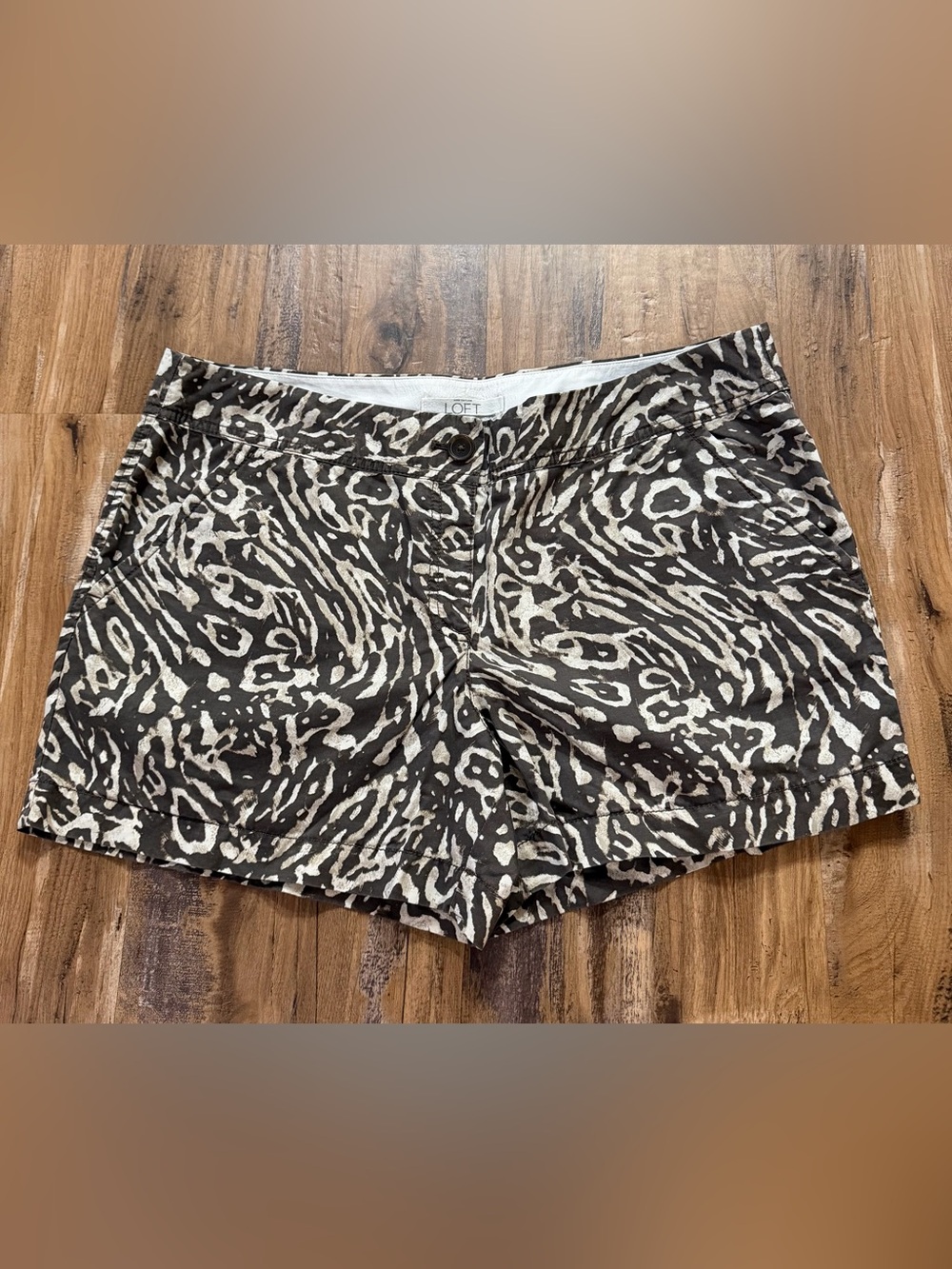 LOFT Brown Cream Animal Print Cotton Linen Women's 12 Chino Breathable Shorts